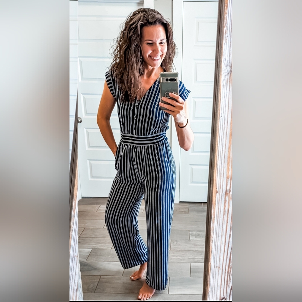 Blue and white pinstripe jumpsuit